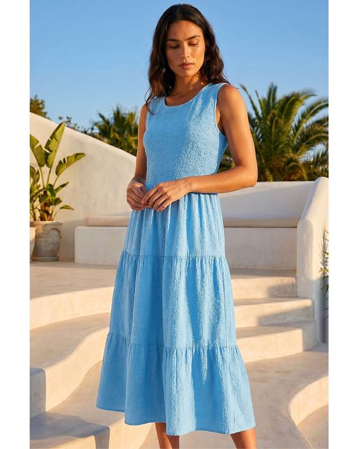 Roman Blue Shirred Textured Smock Midi Dress