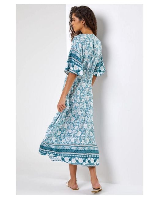 Roman Blue Floral Border Print Midi Dress