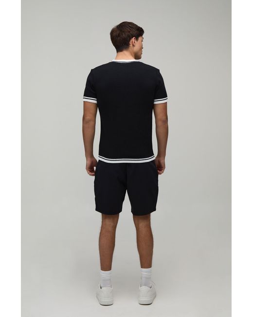 BoohooMAN Black Muscle Fit Cotton Blend Tipped Knitted T-Shirt for men