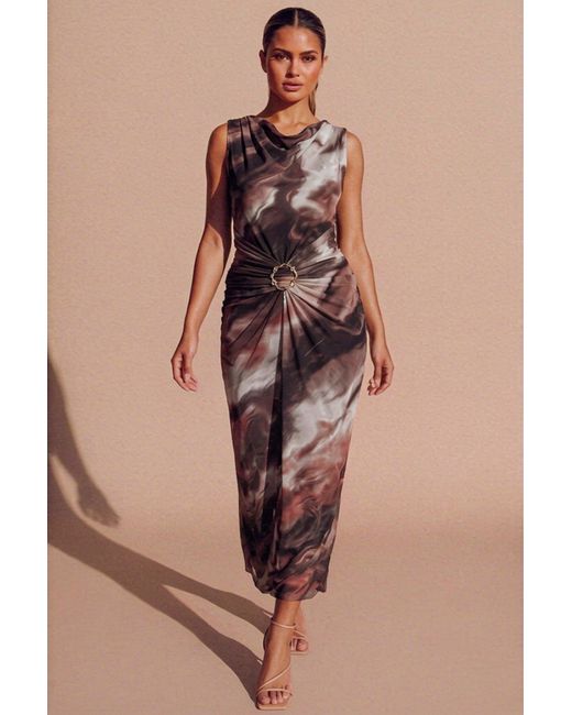 Femme Luxe Brown Marble Print Ring Detail Ruched Maxi Dress
