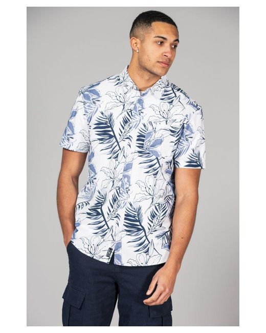 Tokyo Laundry Blue White Cotton Short Sleeve Button-up Printed Shirt for men