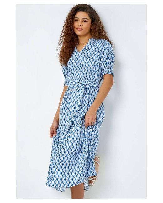 Roman Blue Geometric Tiered Belted Midi Dress