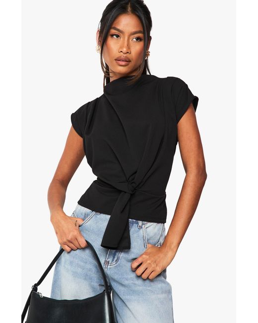 Boohoo Black Crepe Knot Cowl Neck Blouse