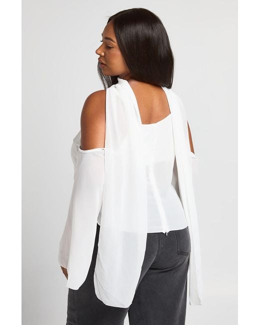 Boohoo White Plus Sheer Cowl Neck Top With Scarf Detail