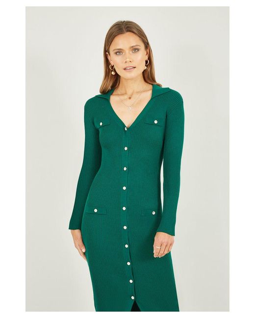 Mela London Green Knitted Fitted Midi Dress With Buttons Viscose