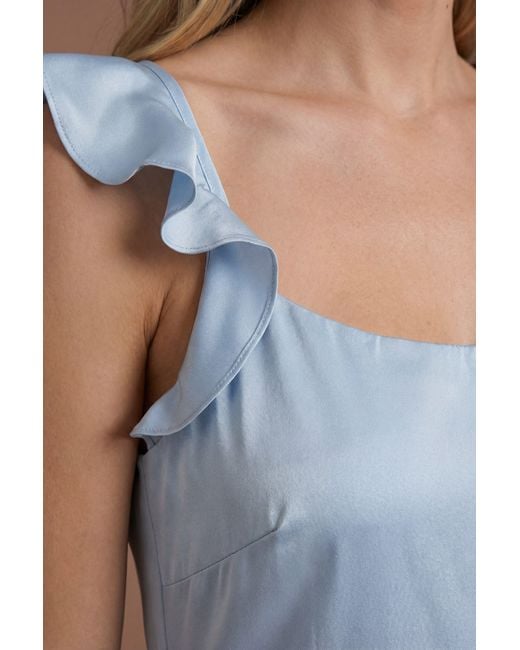 Oasis Blue Ruffle Square Neck Satin Bridesmaid Maxi Dress