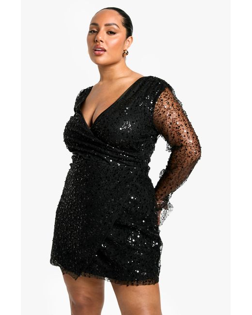 Boohoo Black Plus Beaded Sequin Wrap Dress