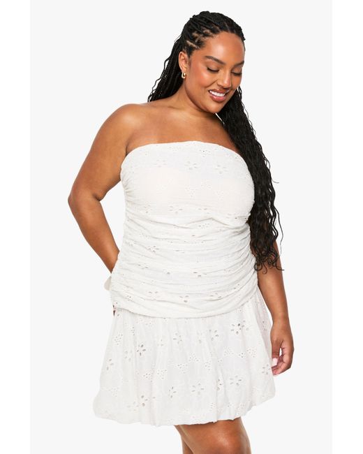 Boohoo White Plus Bandeau Broderie Skater Dress