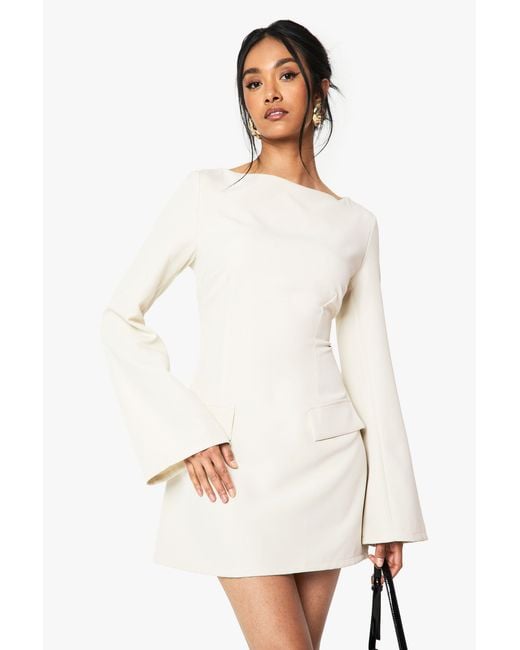Boohoo White Long Sleeve Slash Neck Tailored Mini Dress