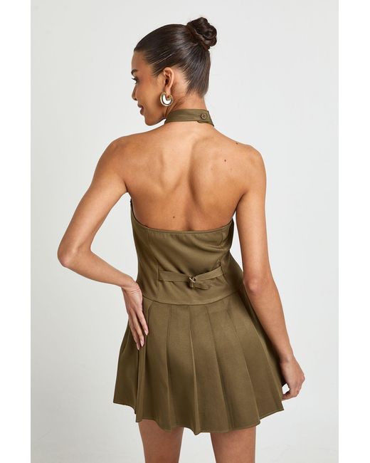 Boohoo Green Utility Pleat Detail Halter Mini Dress