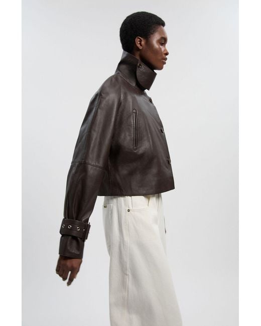 Karen Millen Black Petite Leather High Neck Crop Trench Coat