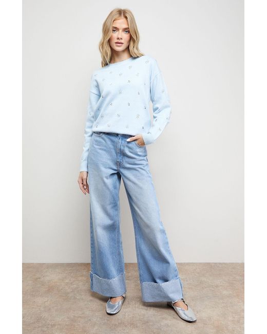 Oasis Blue Embellished Crew Neck Jumper