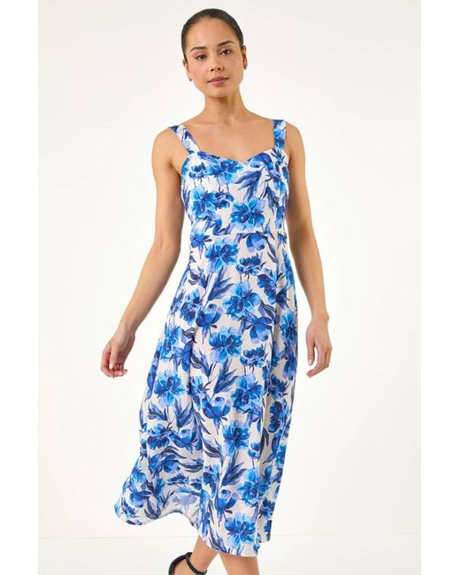 Roman Blue Petite Floral Strappy Midi Dress