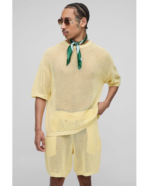 BoohooMAN Yellow Boxy Fit Open Stitch Knitted Shorts Set for men
