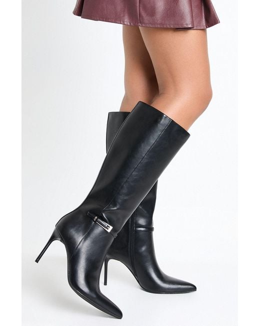 Boohoo Black Buckle Detail High Stiletto Pointed Toe Knee Boots