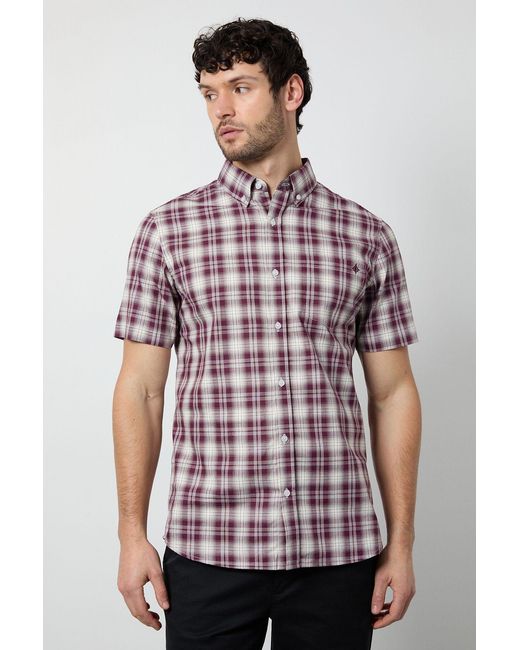 MAINE Red Madras Check Short Sleeve Shirt Cotton for men