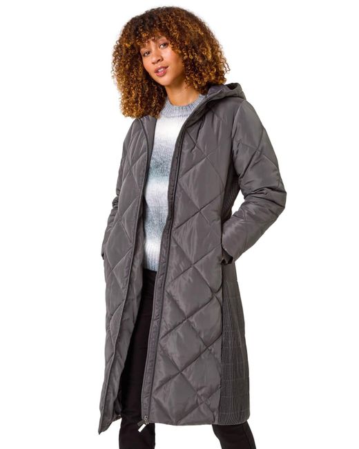 Roman Gray Longline Diamond Quilt Hooded Coat