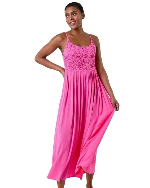 Roman Pink Lace Bodice Shirred Midi Dress