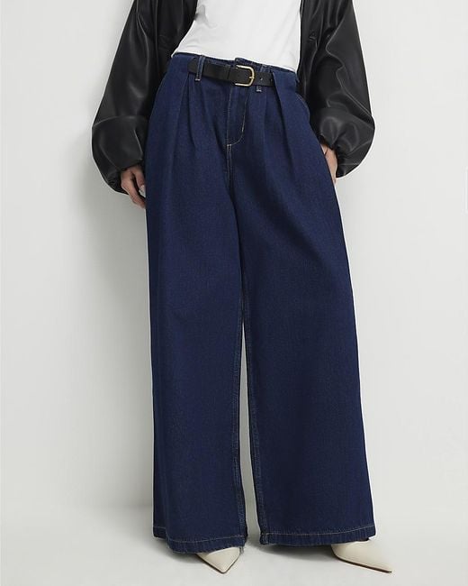 River Island Blue Wide Leg Jeans Petite Belted Pleated Cotton