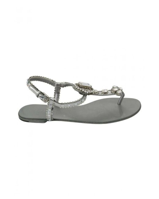 Dolce & Gabbana Metallic Silver Crystal Sandals Flip Flops Shoes Leather