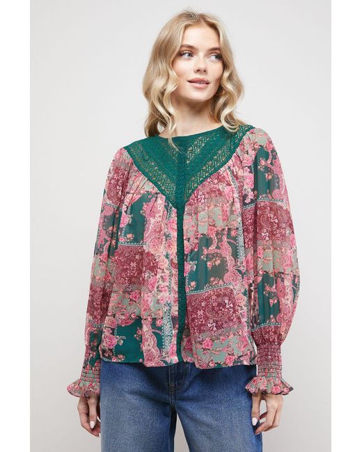 Oasis Multicolor Printed Lace Yoke Balloon Sleeve Boho Blouse