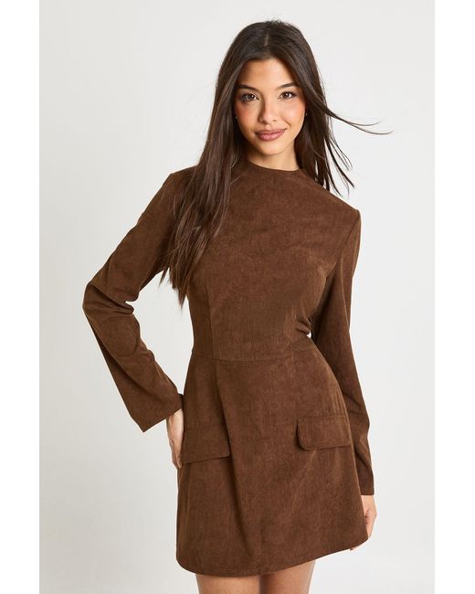 Boohoo Brown Cord High Neck Mini Dress