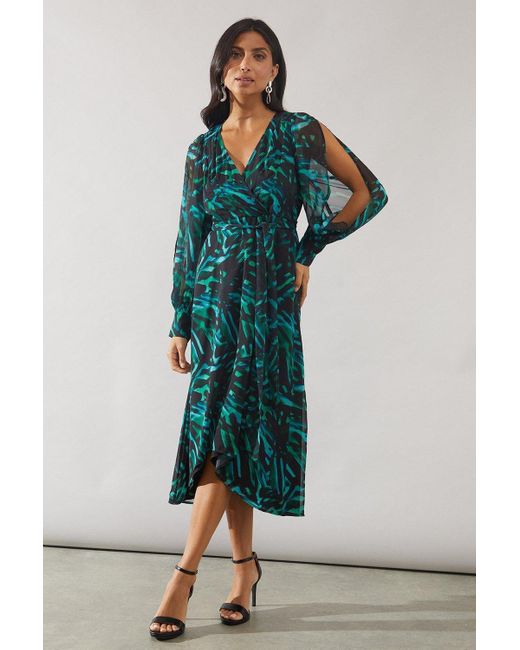 Wallis Green Abstract High Low Hem Split Sleeve Wrap Dress