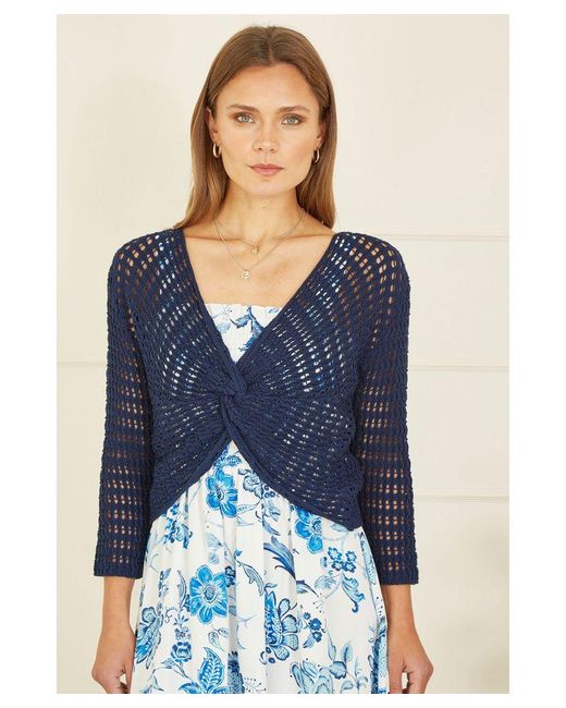 Yumi' Blue Cotton Crochet Twisted Bolero Top