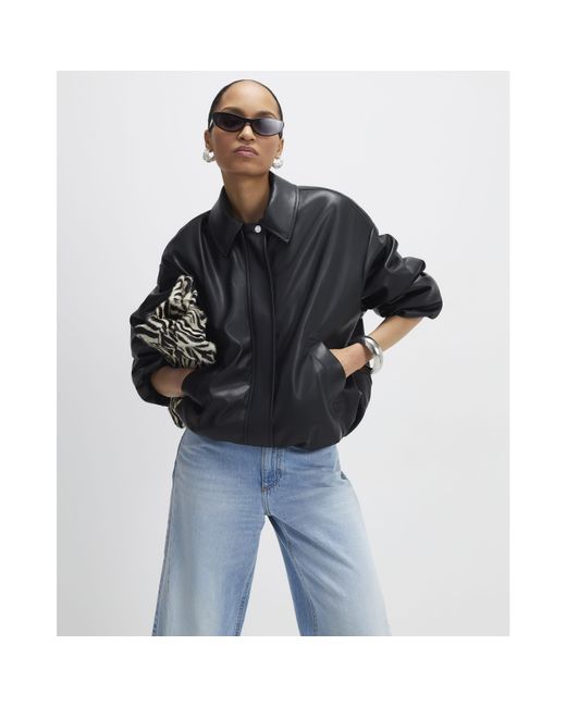 River Island Black Bomber Jacket Faux Leather Bubble Hem
