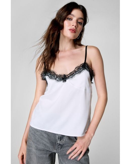 Nasty Gal White Lace Trim Satin Cami Top