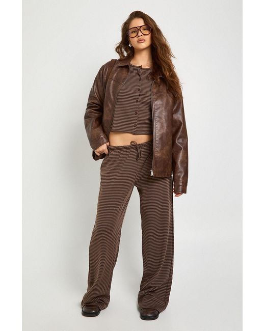 Boohoo Brown Stripe Minimal Waistband Wide Leg Trousers