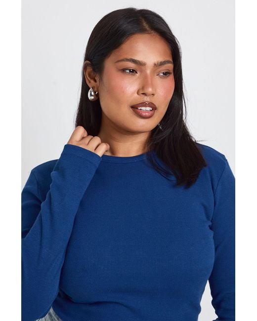 Boohoo Blue Plus Basic Rib Long Sleeve Fitted Longline Top