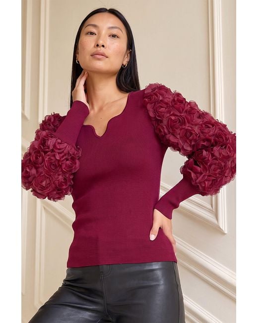 Roman Red Lace Sleeve V-Neck Knit Top