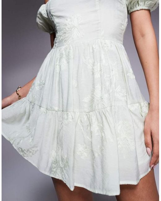 Kaiia Green Exclusive Cotton Rich Embroidered Bardot Puff Sleeve Tiered Mini Dress