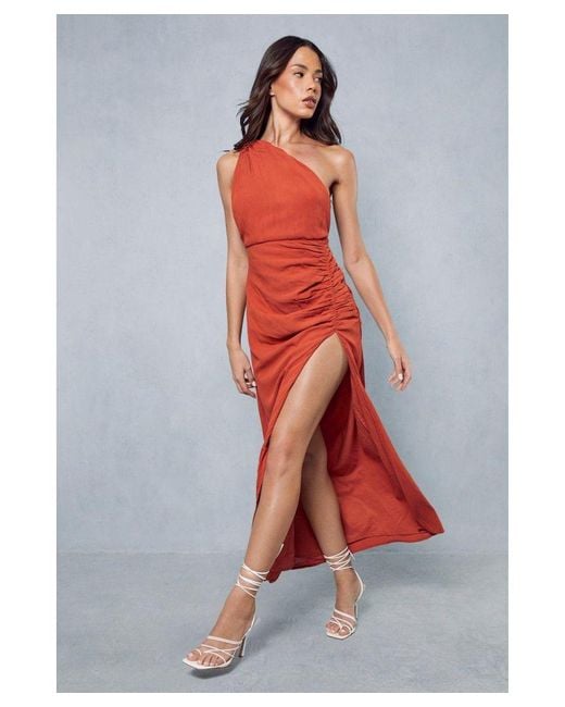 MissPap Orange Crinkle Tie Waist Asymmetric Split Leg Maxi Dress