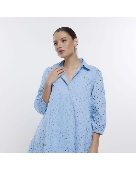 River Island Blue Mini Shirt Dress Broderie Long Sleeve Cotton