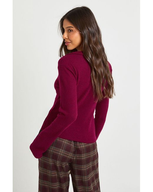 Boohoo Soft Brushed Rib V Neck Button Through Collared Top