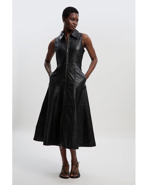 Karen Millen Black Leather Zip Through Full Midi Dress