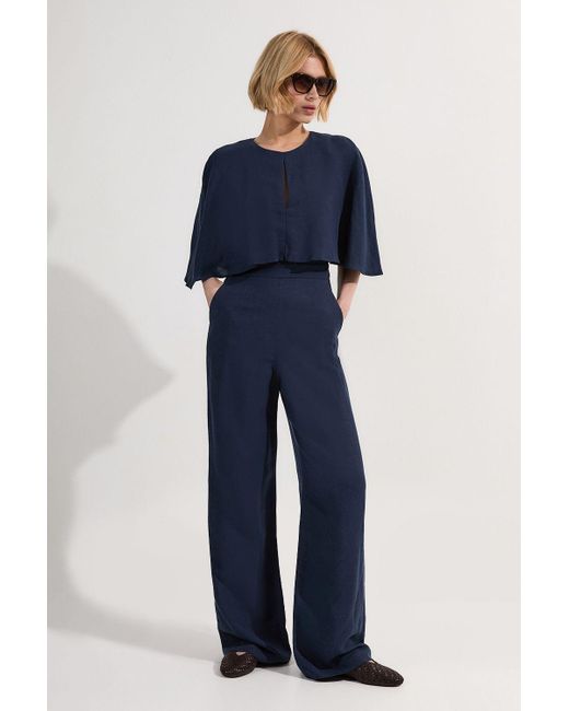 Karen Millen Blue Premium Tailored Linen Drama Cape Jumpsuit