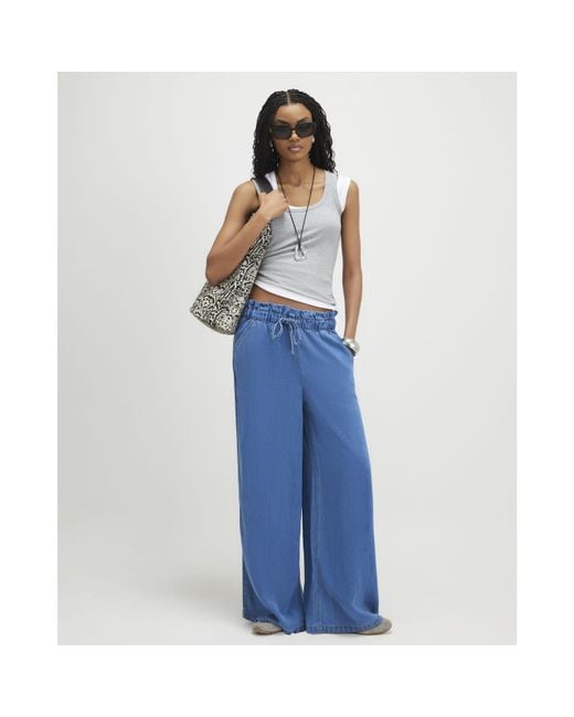 River Island Blue Wide Leg Jeans Paperbag Lyocell