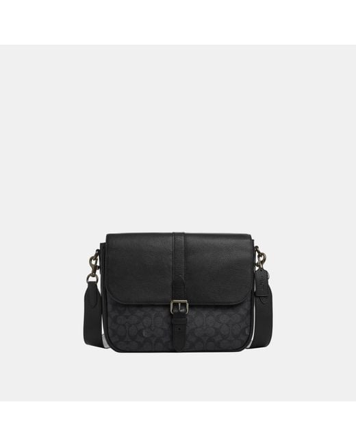 COACH Black Signature Leather Messenger Bag for men