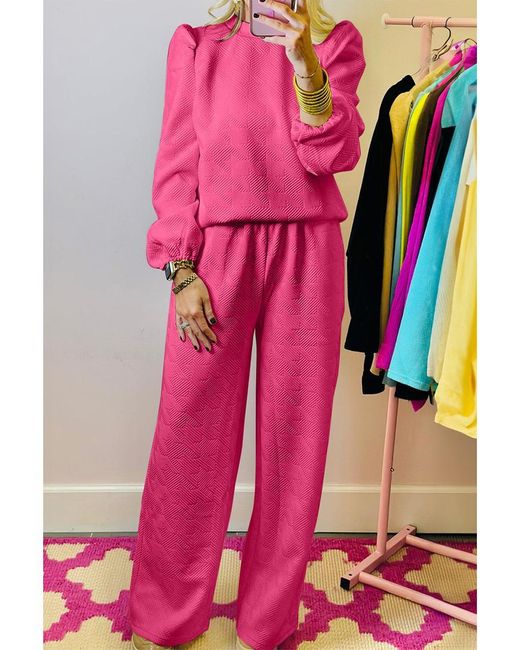 Azura Exchange Pink Strukturierter Puffärmel-Top Und Hose Set