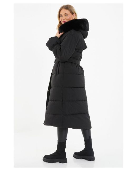 Quiz Black Padded Long Line Jacket Fur
