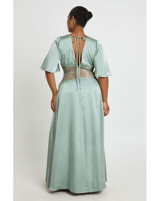 Boohoo Green Plus Satin Lace Panel Angel Sleeve Maxi Dress