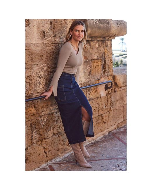 Sosandar Brown Taupe Asymmetric Fluted Sleeve Fine Knit Top