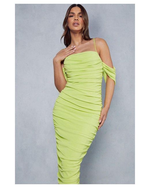 MissPap Green Premium Mesh Corseted Off The Shoulder Ruched Midaxi Dress