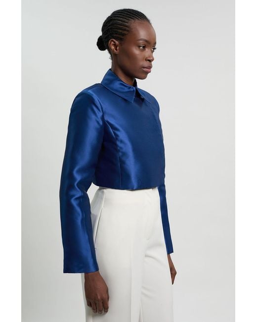 Karen Millen Blue Petite Forever Satin Twill Cropped Wrap Tailored Jacket