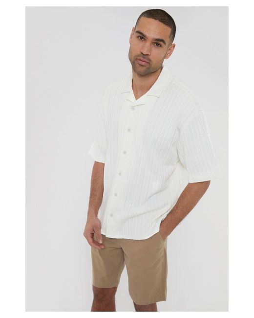 Threadbare White 'Ronson' Cotton Revere Collar Textured Stripe Short Sleeve Shirt for men