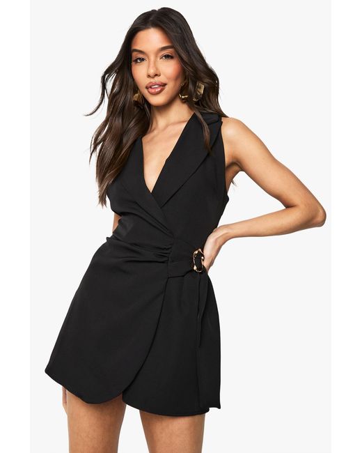 Boohoo Black Buckle Detail Tie Waist Tailored Skort Romper