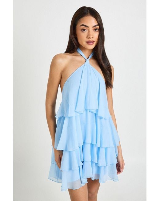 Boohoo Blue Chiffon Tiered Halterneck Mini Dress